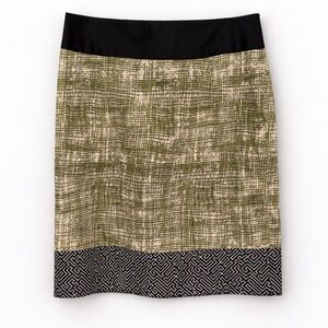 Etcetera Olive and Black Patterned Pencil Skirt with Embroidered Hem Size 10